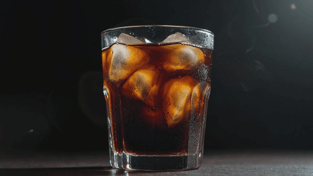 Cola glass with ice against dark background