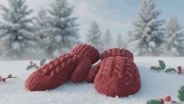 소나무 배경에 눈 위의 빨간 털장갑