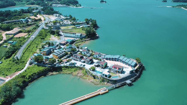 A coastal village with colorful houses