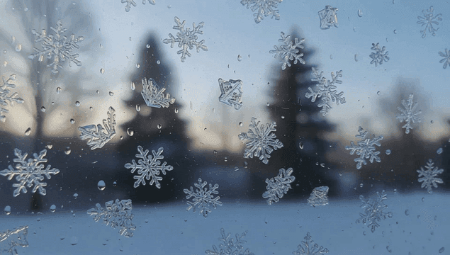 나무 배경의 창문에 있는 눈송이