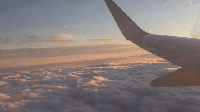 일몰 시 구름과 비행기 날개 전망