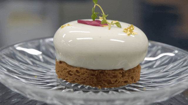 Elegant dessert with white glaze and garnish