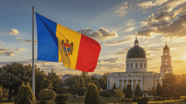 Moldovan flag fluttering near cathedral at sunset