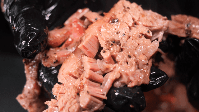 Juicy cooked meat held in gloved hands