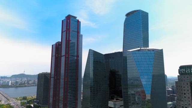 High-Rise Buildings Against a Clear Blue Sky