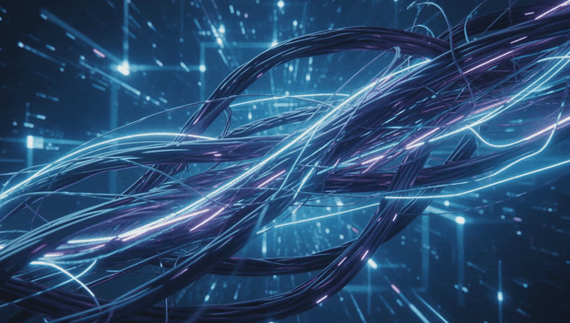 디지털 공간의 얽힌 빛나는 케이블