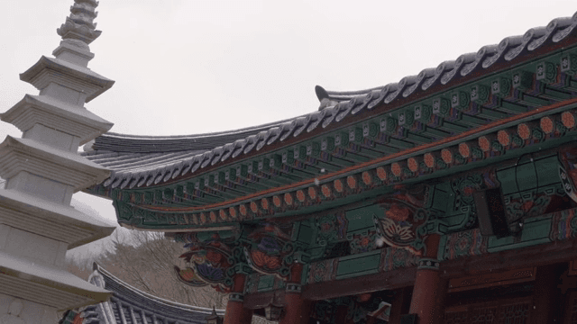 눈이 내리는 전통 한국 사찰 건축