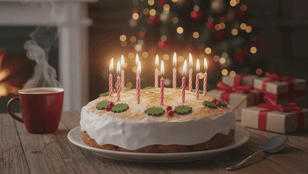 벽난로 옆 촛불이 켜진 크리스마스 케이크