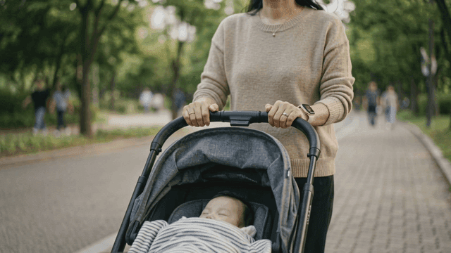 Happy woman pushing stroller in park