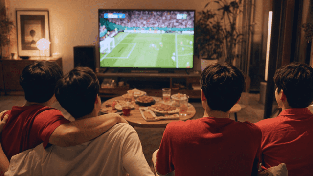 Backs of friends gathered in living room watching soccer on TV