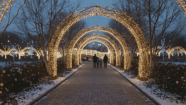 크리스마스 겨울밤 조명 거리에서 함께 걷는 가족