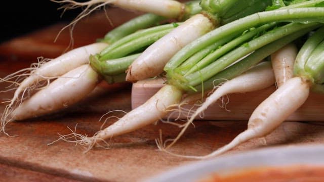 Fresh young radish and warm, appetizing young radish and mackerel stew