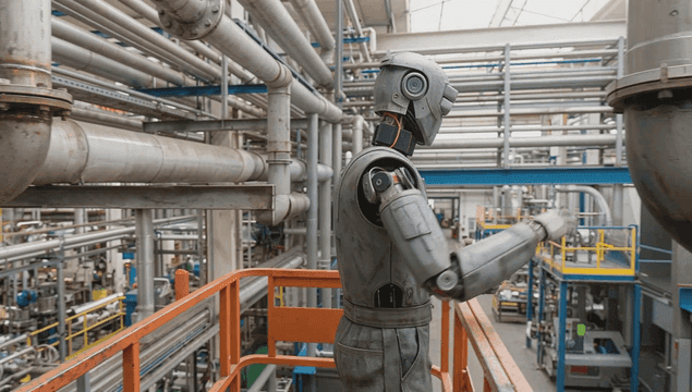 공장에서 파이프를 점검하는 로봇
