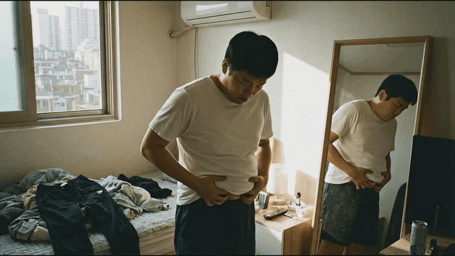 Pot-bellied man checking himself in mirror