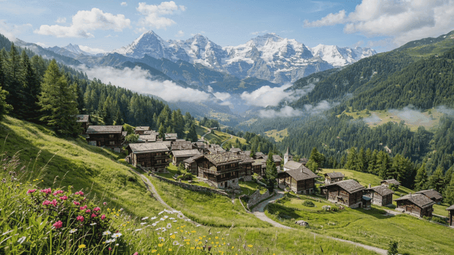 European mountain village with lush vegetation