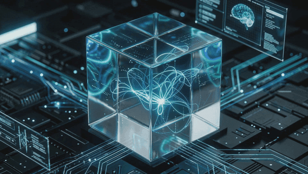 Glowing cube with digital patterns