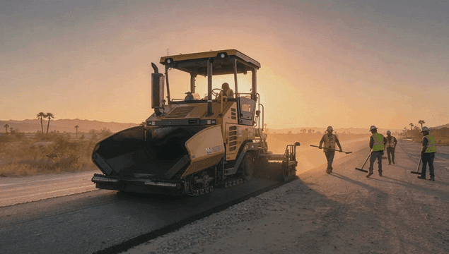 Hot asphalt road construction and workers