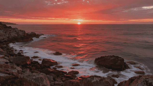 A serene beach with waves at sunset