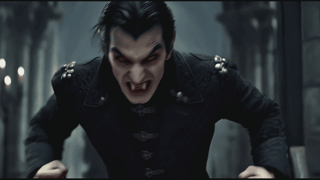 Enraged vampire with red eyes and fangs