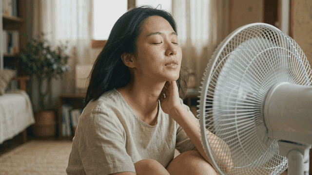 Woman sitting in front of fan at home
