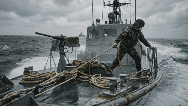 Soldiers on warship in rough sea