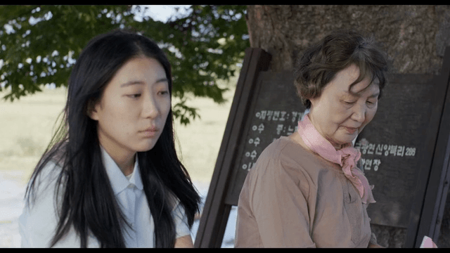 나무 아래 앉아 있는 소녀와 노인