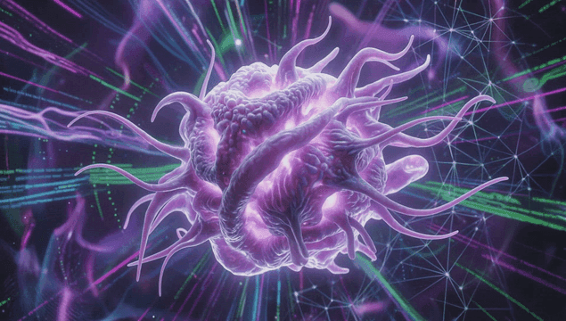 촉수가 있는 빛나는 보라색 유기체
