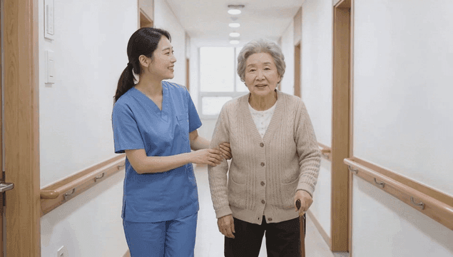 Nurse helping elderly person walking with cane in hallway