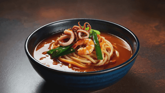 Steaming bowl containing seafood jjamppong