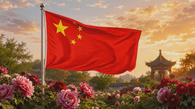 Chinese flag waving among blooming flowers