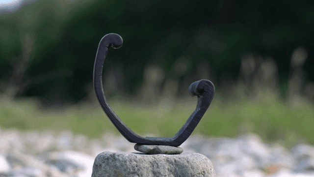 돌 위에 놓인 곡선 나무 조각품