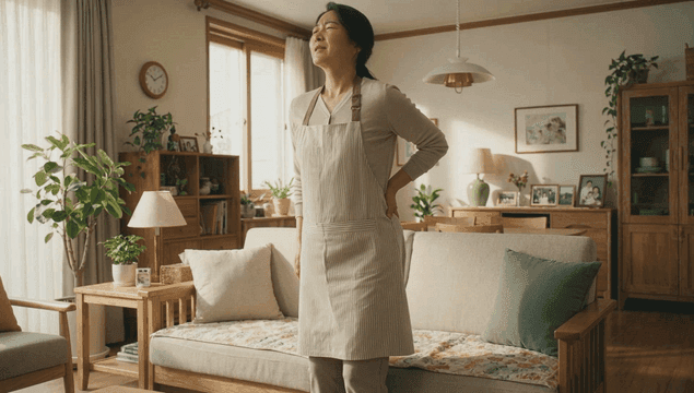 Woman experiencing back pain in a cozy living room