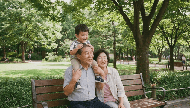 Grandson, grandfather, and grandmother giving each other piggyback ride in park