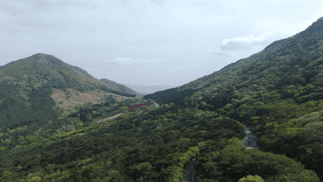 Winding road through lush green mountains