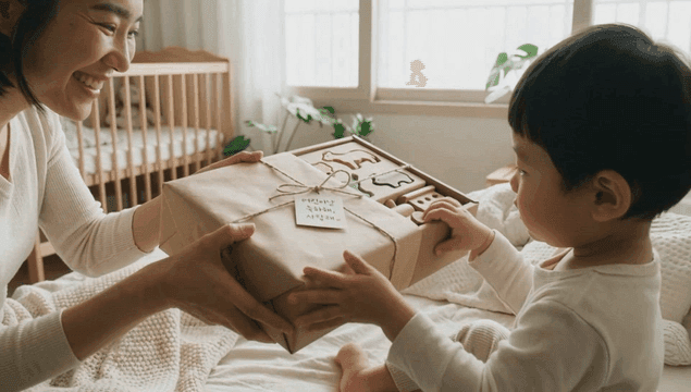 Mother gives gift to her child
