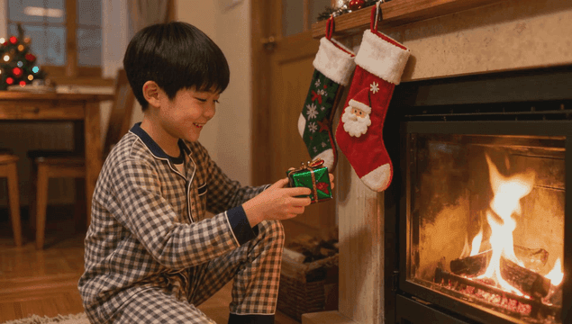 벽난로 옆에서 선물을 들고 있는 아이