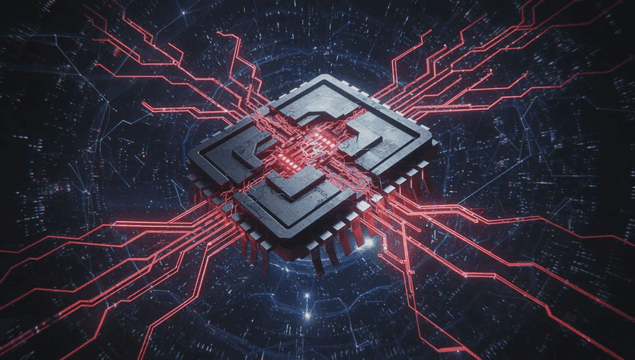 Glowing microchip with red circuits