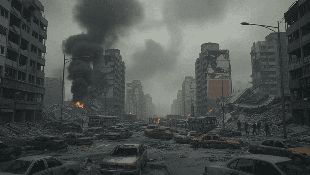 연기와 폐허로 가득한 황폐한 도시