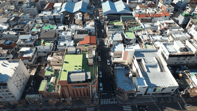 Aerial view of a dense urban neighborhood