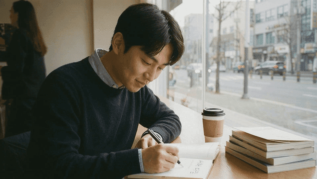Man writing his New Year's resolutions in notebook at cafe