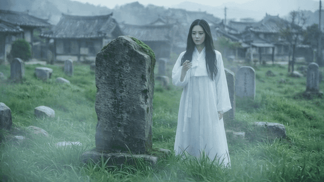 Woman in mourning clothes standing in foggy graveyard