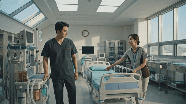 Medical staff preparing hospital room