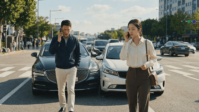 Two people talking on phone after traffic accident on busy street