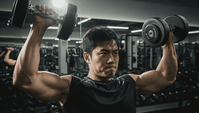 헬스장에서 덤벨을 드는 남성