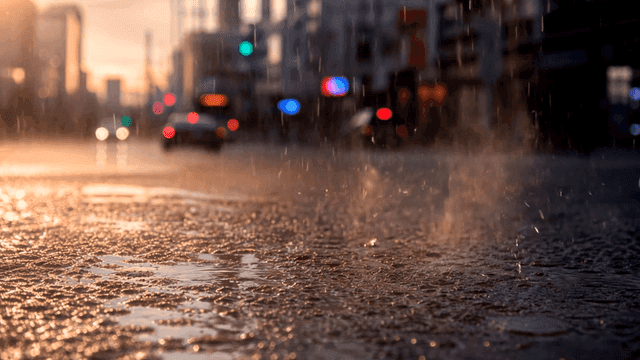 Raindrops falling on city road in evening