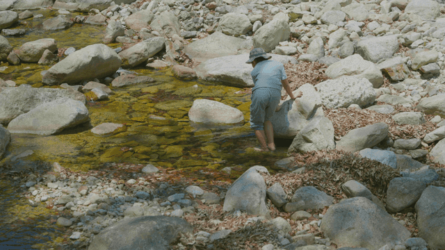 얕은 개울을 올라가는 아이