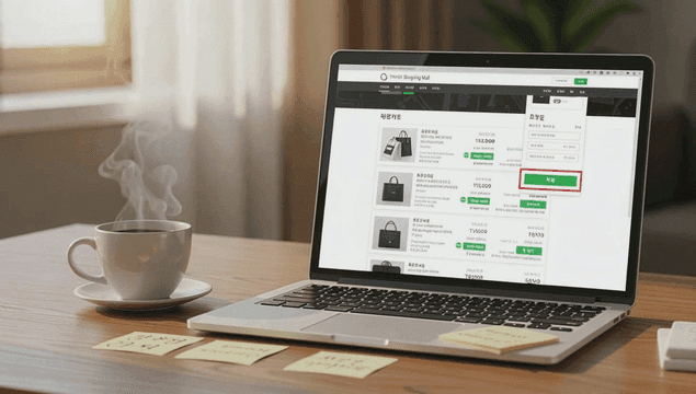 커피잔이 있는 책상 위의 쇼핑몰 화면의 노트북