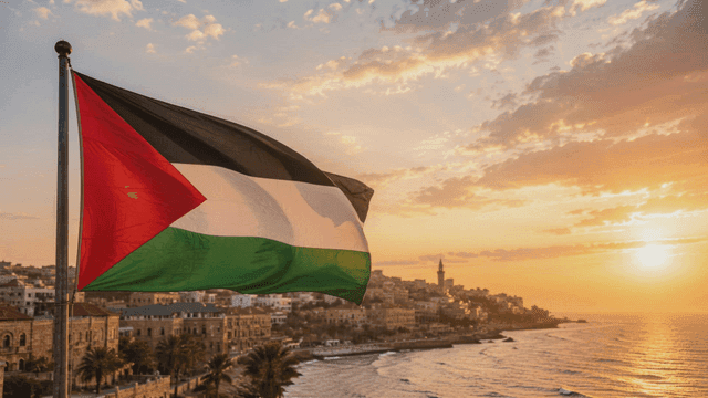 Palestinian flag fluttering on seashore at sunset