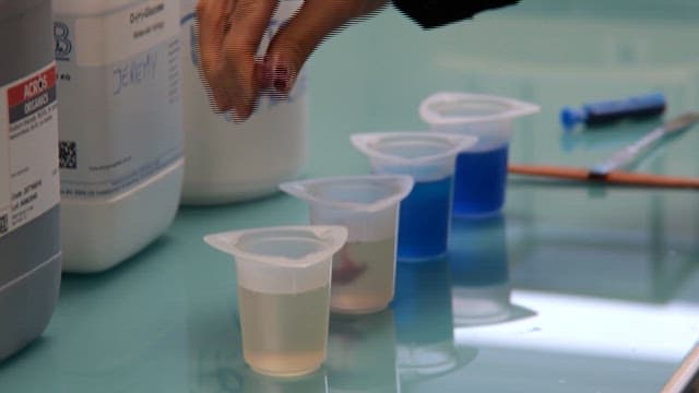 실험실에서 용액을 준비하는 과학자