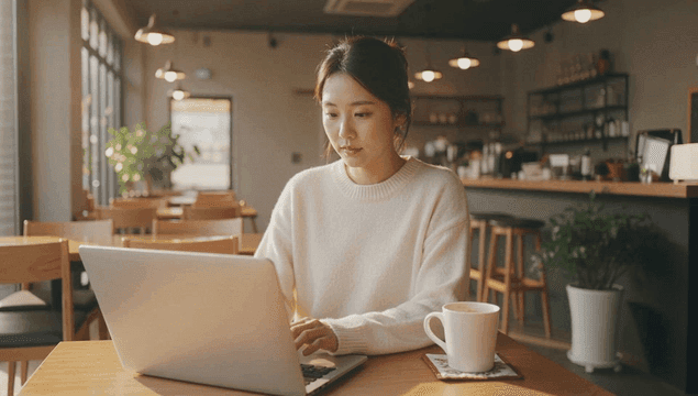 Woman working intently on her laptop in cafe